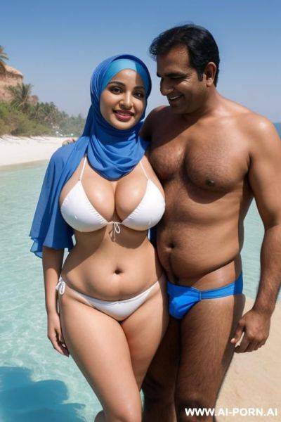 Smiling curvy busty white wife wearing hijab and blue bikini standing and hugged from indian man - ai-porn.ai - India on pornintellect.com