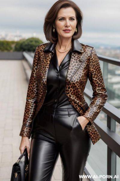 Leopard pattern leather coat, black leather trousers, high resolution picture, very detailled face, highly closed blouse, on a sunny terrace - ai-porn.ai on pornintellect.com