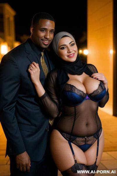 Smiling curvy busty russian wife wearing hijab and colored lingerie standing and hugged from black man in night - ai-porn.ai - Russia on pornintellect.com