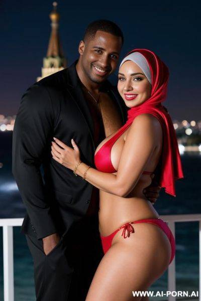 Smiling curvy busty russian wife wearing hijab and colored bikini standing and hugged from black man in night - ai-porn.ai - Russia on pornintellect.com