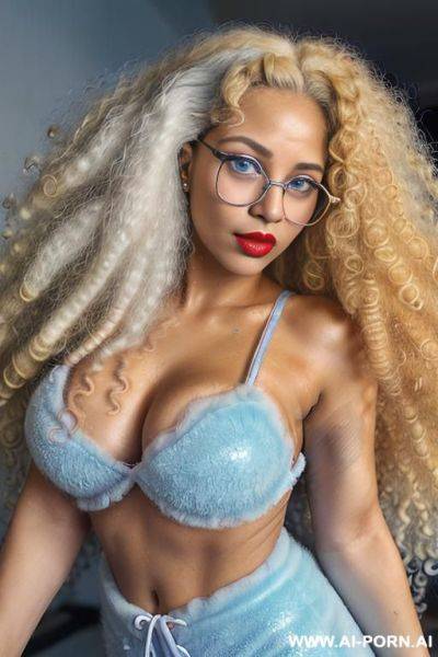 (((18 old years, vitiligo, brazilian woman, medium breasts, light blue eyes looking up, skin and shiny skin, red lips, very long, big, curly, soft and fluffy blonde hair, thick curly hair, tails, prescription glasses))), gym shorts, sexy t-shirt purple - ai-porn.ai - Brazil on pornintellect.com