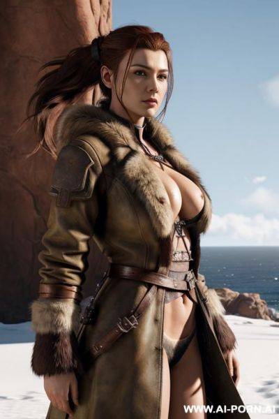 Aloy, horizon zero daw, realistic photo game ,same face as character the game, big breasts, hard niplees, s in the face, nude only long open coat, full body view, very hairy pussy, realistic - ai-porn.ai on pornintellect.com