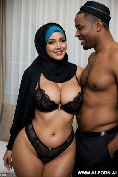 Smiling curvy busty russian wife wearing hijab and colored lingerie standing and hugged from black man - ai-porn.ai - Russia on pornintellect.com