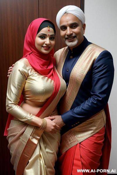 Smiling curvy busty russian wife wearing hijab and colored saree standing exhibition and hugged from indian man - ai-porn.ai - Russia - India on pornintellect.com