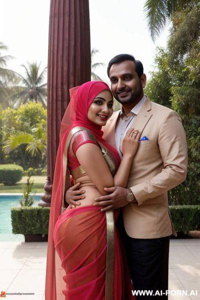 Smiling curvy busty russian wife wearing hijab and colored saree standing exhibition nude and hugged from indian man - ai-porn.ai - Russia - India on pornintellect.com