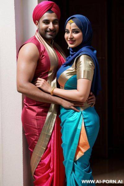 Smiling curvy busty russian wife wearing hijab and colored saree standing and hugged from indian man - ai-porn.ai - Russia - India on pornintellect.com