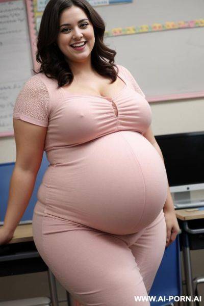 A picture of an obese teacher being thrown at by a while she is smiling and also pregnant - ai-porn.ai on pornintellect.com