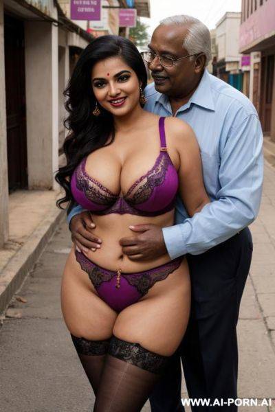 Smiling curvy busty indian wife wearing colored lingerie standing and hugged from old black man in street - ai-porn.ai - India on pornintellect.com