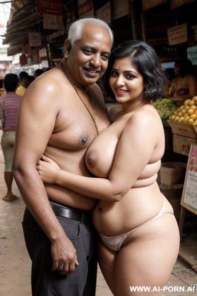 Smiling curvy busty white indian wife with messy short hair fully naked standing and hugged from old black man in market - ai-porn.ai - India on pornintellect.com