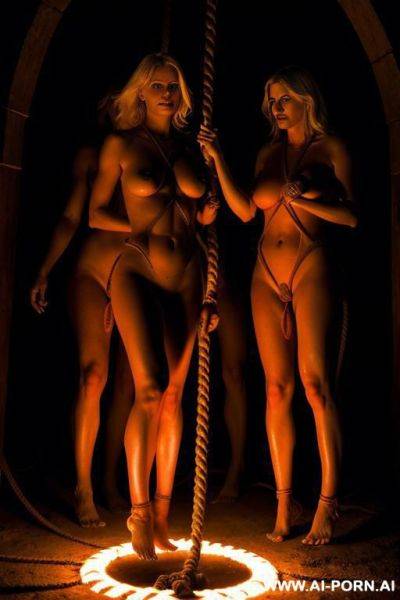 Blonde woman, totally naked, barefoot, in hell, rope bondage, whipped by demon, group of women, dramatic lighting - ai-porn.ai on pornintellect.com
