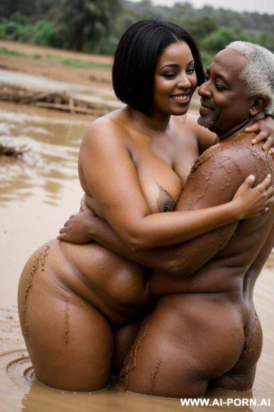 Smiling curvy busty white egyptian wife with messy short hair standing fully naked hugged from old black man in mud lake - ai-porn.ai - Egypt on pornintellect.com