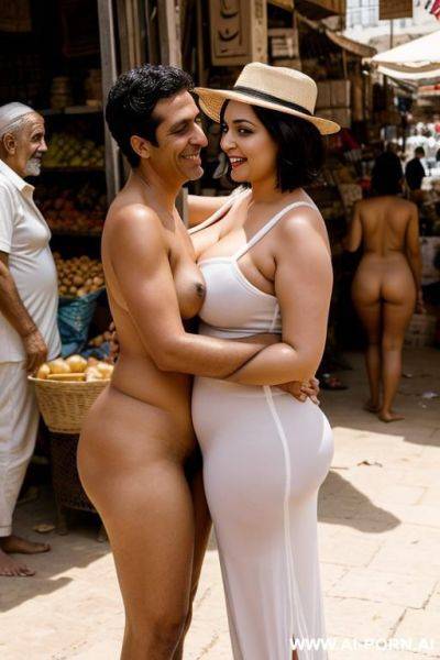 Smiling curvy busty white egyptian wife with messy short hair standing fully naked hugged from old egyptian man in market - ai-porn.ai - Egypt on pornintellect.com