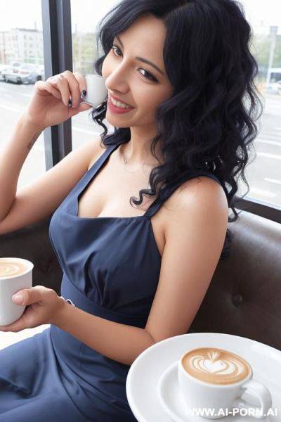 Medium woman, curly black hair, in cafe, drinking coffee, sitting, looking at window, smiling, navy blue dress, - ai-porn.ai on pornintellect.com