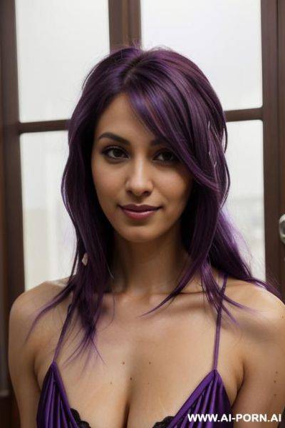 Elaborate flowing purple hair, sexy dress, sensual grin, casual look, detailed eyes, tanned, mature face, curious, - ai-porn.ai on pornintellect.com