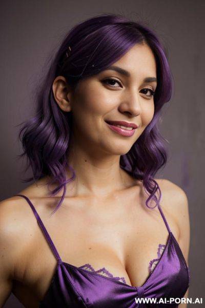 Elaborate flowing purple hair, bridal dress, pleading grin, short, casual look, detailed eyes, tanned, mature face, - ai-porn.ai on pornintellect.com