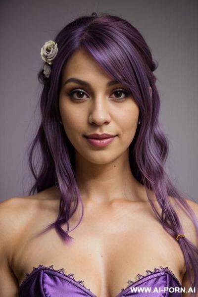 Elaborate flowing purple hair, bridal dress, pleading grin, casual look, detailed eyes, tanned, mature face, - ai-porn.ai on pornintellect.com