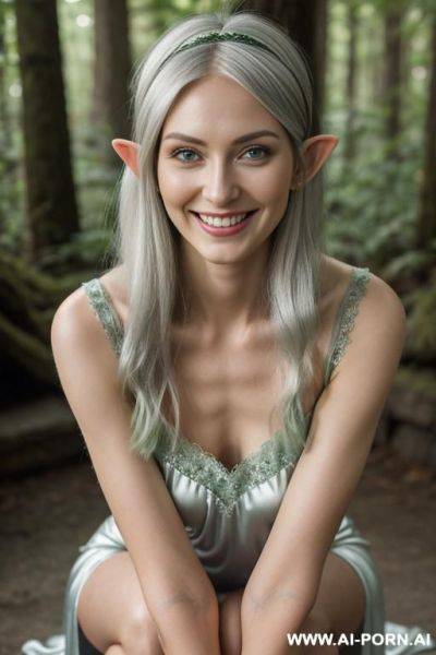 Elf woman eye contact green nightgown silver hairband forest - ai-porn.ai on pornintellect.com