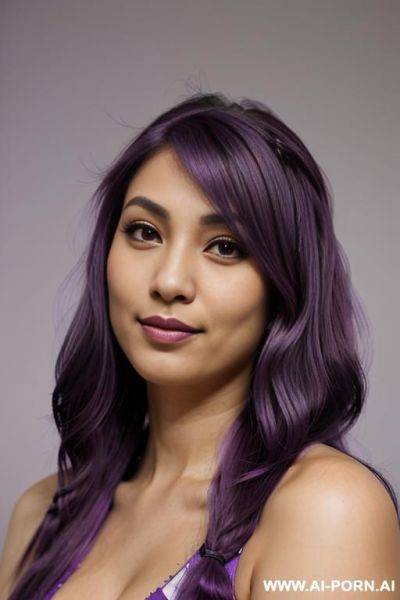 Elaborate flowing purple hair, trad garb, sensual grin, casual look, detailed eyes, tanned, expressive face, bends down, - ai-porn.ai on pornintellect.com