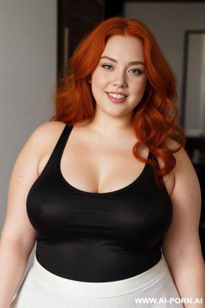 Redhead bbw, chubby and very fat, thick, breasts, dimples, voluptuous shaped, wide hips, thick thighs, chubby, hair, s, slicked back hair, large forehead, black tank top, bra, areola, ruffle microskirt, fully clothed, city - ai-porn.ai on pornintellect.com