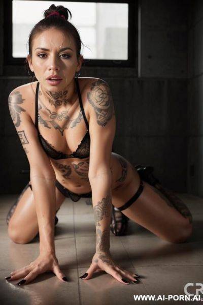 Mom, spanish , punk, fit ,sunglasses, boobs, mechanic outfit, neckline t-shirt fluorescent, wet hair ,wet skin ,lemon ,rails train , sunset - ai-porn.ai - Spain on pornintellect.com