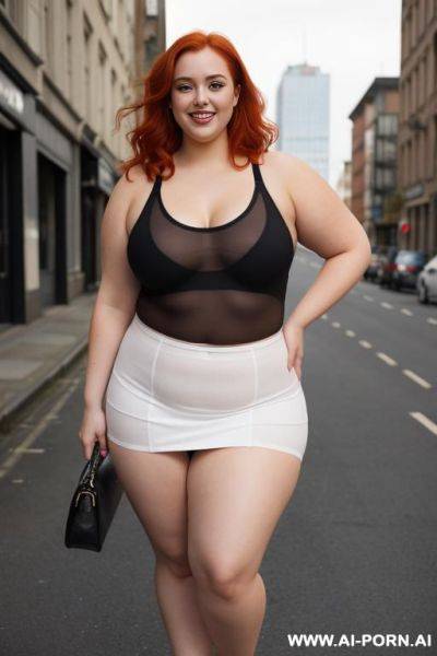 Full body photo shot, redhead bbw, chubby and very fat, thick, breasts, voluptuous shaped, wide hips, thick thighs, chubby, large forehead, transparent tank top, bra, areola, ruffle microskirt, fully clothed, city - ai-porn.ai on pornintellect.com
