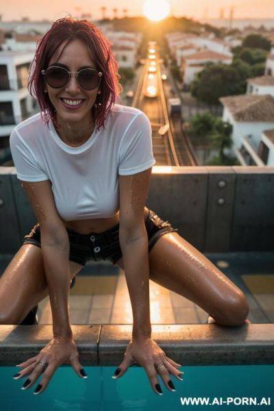 Mom, spanish , punk, fit ,sunglasses, boobs, tight shorts, neckline t-shirt fluorescent, wet hair ,wet skin ,lemon ,rails train , sunset - ai-porn.ai - Spain on pornintellect.com