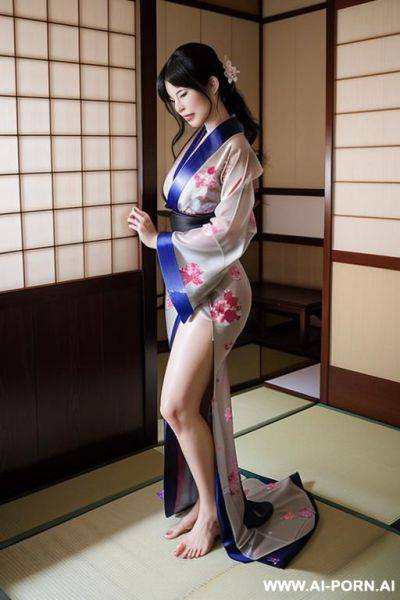 Woman in a traditional transparent japanese kimono stands in a room with a tatami floor and a sliding door. very hairy pussy - ai-porn.ai - Japan on pornintellect.com