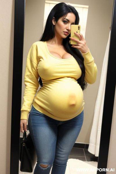 Pregnant woman tight jeans short yellow sweatshirt selfie photo in the mirror bathroom - ai-porn.ai on pornintellect.com