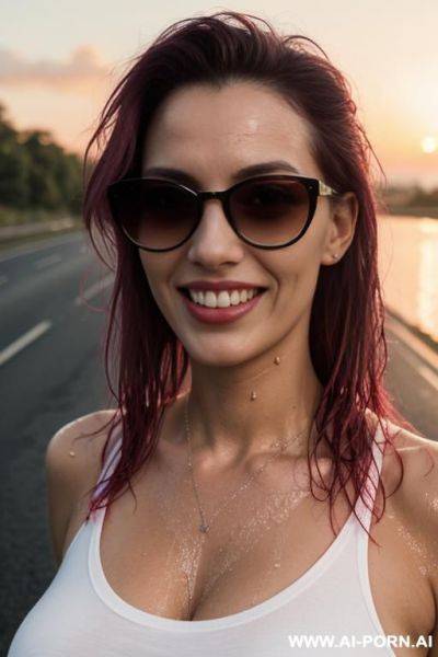 Mom, european , punk, fit ,sunglasses, boobs, neckline t-shirt fluorescent, wet hair ,skin wet ,eating strawberry ,road, sunset - ai-porn.ai on pornintellect.com