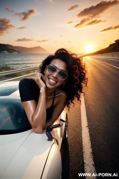 Mom, european ,hairy punk, fit ,sunglasses, boobs, neckline t-shirt fluorescent, hair wet ,brown curly ,skin wet , out ferrari ,road, sunset - ai-porn.ai on pornintellect.com