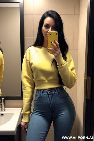 Woman tight jeans wide yellow sweatshirt selfie photo in the mirror bathroom - ai-porn.ai on pornintellect.com
