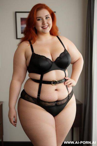 Full body photo shot, about at elegant art gallery, fat bbw curvy with love handless and tummy, she is 20 years old, wearing a sexy and hot red gartert belt lingeries. - ai-porn.ai on pornintellect.com