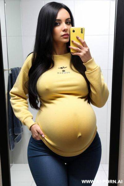 Pregnant woman tight jeans wide yellow sweatshirt selfie photo in the mirror bathroom - ai-porn.ai on pornintellect.com