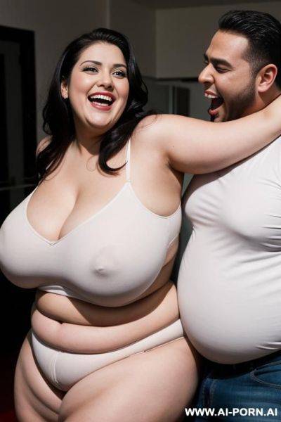 A very fat woman with huge hips carrying a perman on her buttocks and she is laughing and he is surprised - ai-porn.ai on pornintellect.com
