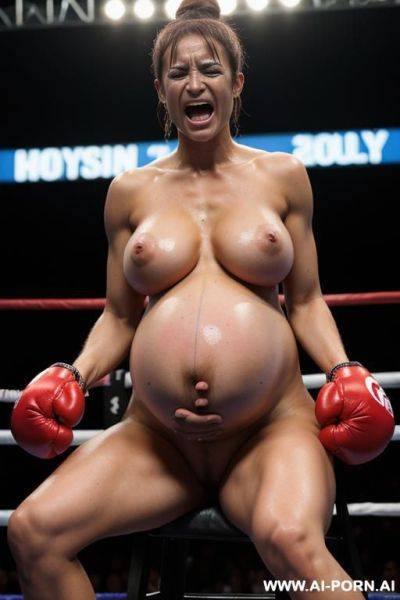 Screaming female boxer with boxing gloves sitting in the ring with black bruises on her pregnant belly - ai-porn.ai on pornintellect.com