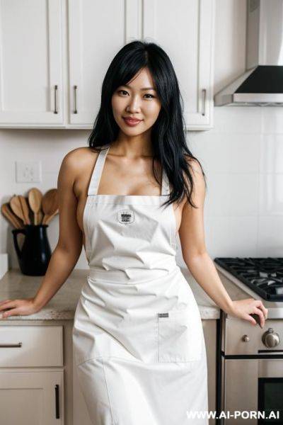 Asian woman, black hair, naked, wearing an apron, posing in a kitchen - ai-porn.ai on pornintellect.com