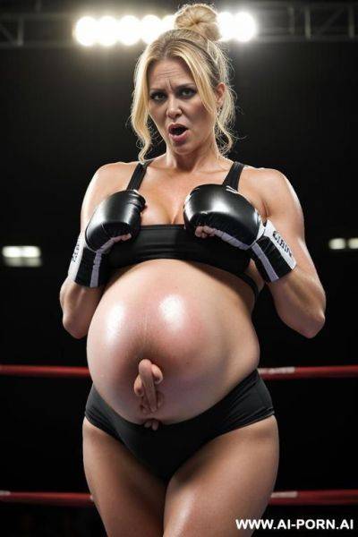 Crying female boxer with boxing gloves in the ring with bruises on her pregnant belly - ai-porn.ai on pornintellect.com