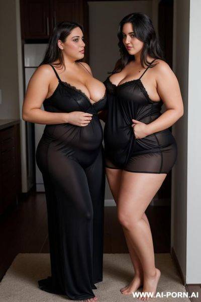 Sexy fat chubby brunette, breast, black nightgown, standing, full body view, touching man pants, man having boner in pants - ai-porn.ai on pornintellect.com