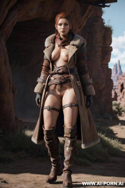 Aloy, horizon zero daw, realistic photo game ,same face as character the game, big breasts, hard niplees, s in the face, nude only long open coat, full body view, very hairy pussy, realistic - ai-porn.ai on pornintellect.com