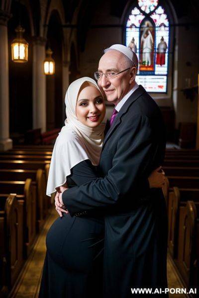 Smiling curvy busty russian wife wearing hijab and colored lingerie standing and hugged from old priest in church in night - ai-porn.ai - Russia on pornintellect.com