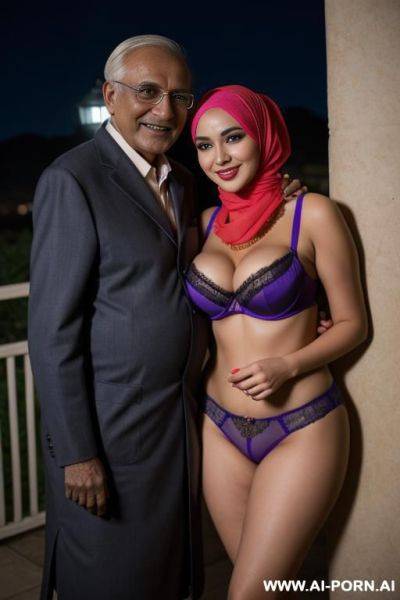 Smiling curvy busty russian wife wearing hijab and colored lingerie standing and hugged from indian old man in night - ai-porn.ai - Russia - India on pornintellect.com