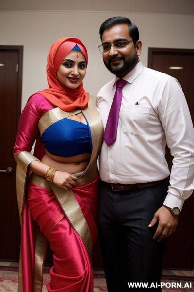 Smiling curvy busty russian wife wearing hijab and colored saree revealing body standing and hugged from indian man - ai-porn.ai - Russia - India on pornintellect.com