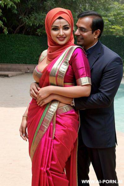 Smiling curvy busty russian wife wearing hijab and colored saree standing exhibition nude and hugged from indian man - ai-porn.ai - Russia - India on pornintellect.com