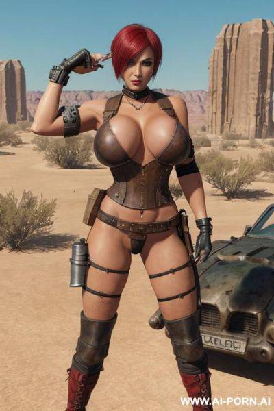 Mature woman. toned. tanned. bracelet, thigh chain. anklet. high heels. red and black punk hairstyle. bulging veiny tits. leather shoulder pad. mad max. fallout. ruined city in background. - ai-porn.ai on pornintellect.com