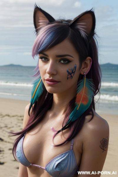 Face, sexy, beautiful, ((face painting)), ((bikini as seashell)), ((tattoo roses)), ((eyes shw)), ((angel wings)), ((rainbow hair)), ((long bu hair)), ((wind)), (( cat face)), (( cat ears)), (((feather earrings)), neckless, full view, wide angle view - ai-porn.ai on pornintellect.com