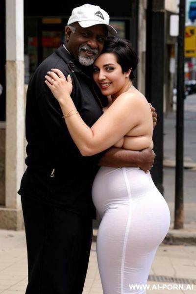 Smiling curvy busty white egyptian wife with messy short hair fully naked hugged from old homeless black man in street - ai-porn.ai - Egypt on pornintellect.com