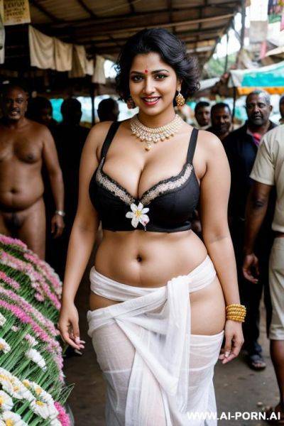 Smiling curvy busty white indian wife with messy short hair fully naked with flowers around her waist and surrounded by many old black men in market - ai-porn.ai - India on pornintellect.com