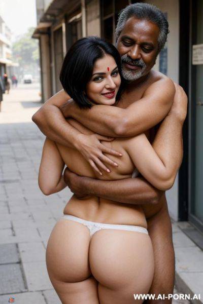 Smiling curvy busty white indian wife with messy short hair fully naked hugged from the back from old homeless black man in street - ai-porn.ai - India on pornintellect.com