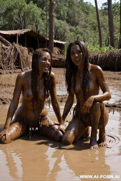 Totally naked, barefoot, mud fighter, two women - ai-porn.ai on pornintellect.com