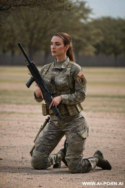 (scifi space soldier) (exposed breasts) (kneeling on ground) (hands behind head) - ai-porn.ai on pornintellect.com